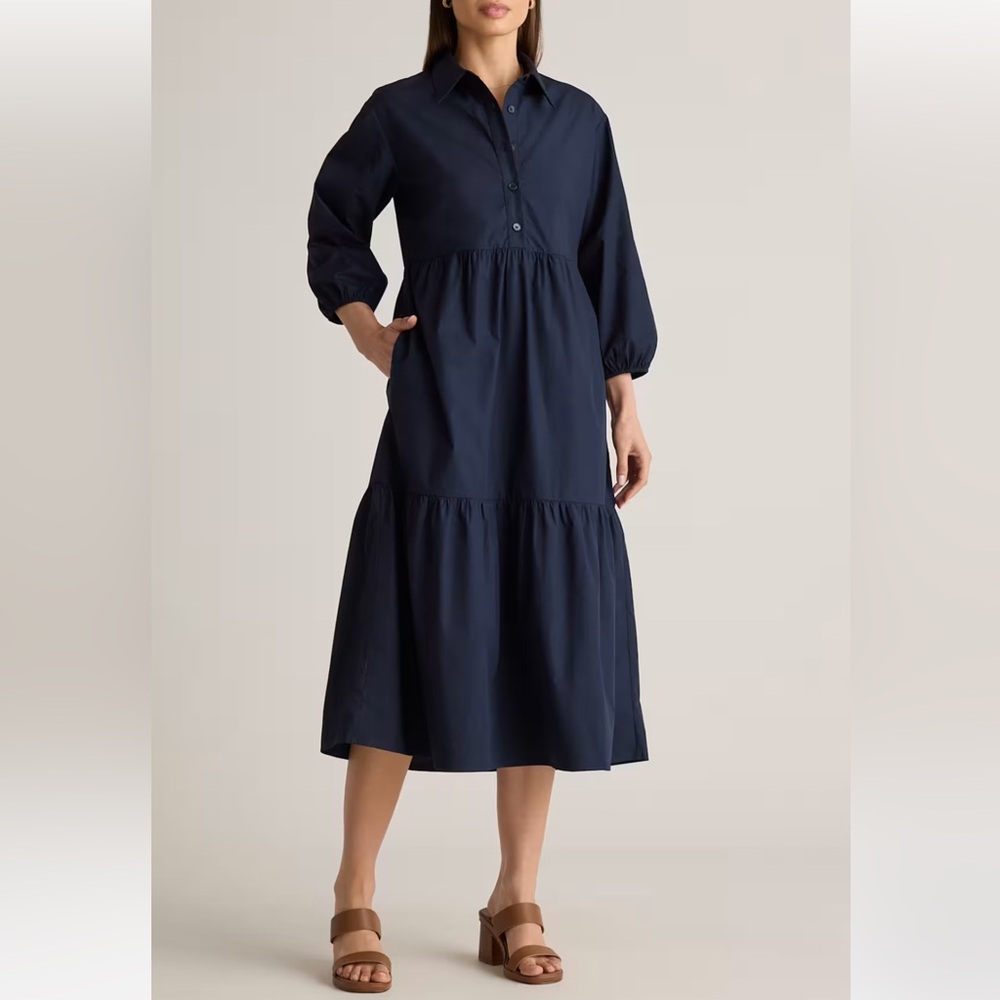 NEW Quince 100% organic cotton poplin midi tunic dress size XS navy
